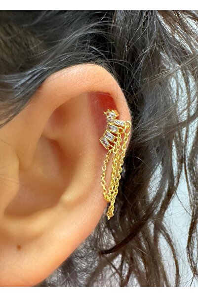 Arescollection Zirkon Taşlı Zincir Sallantılı 1 Adet Helix Kıkırdak Lobe Uyum...