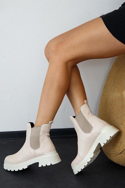 ShoeTek Dámské kozačky Keira béžová kůže s bočními elastickými prvky