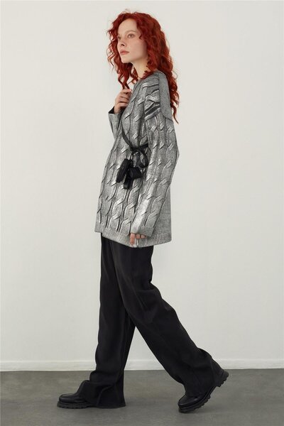 SHERIN Gri Varak Baskılı Oversize Triko Kazak