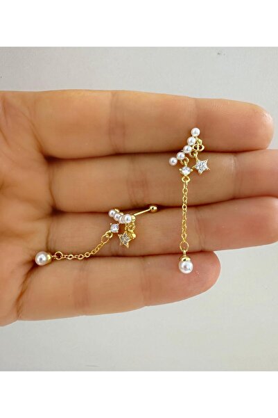 Arescollection İncili Yıldız Inci Sallantılı Zincirli 1 Adet Helix Kıkırdak L...