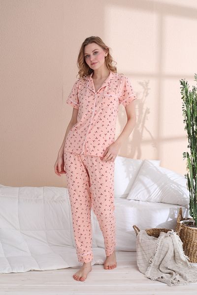 JENİKA Set de pijamale scurte din bumbac lycra, cu nasturi, cu flori colorate, cu dungi