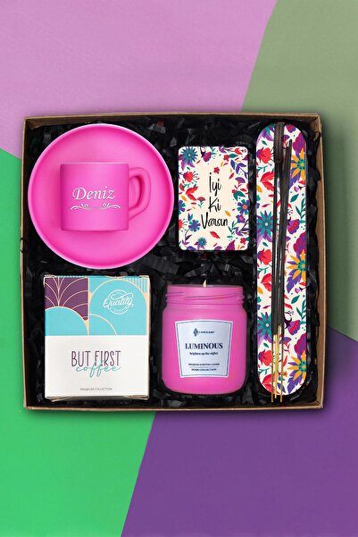 TrendHediye Kişiye Özel Pembe Fincan, Kahve, Kokulu Cam Mum, Tütsü Hediye Seti