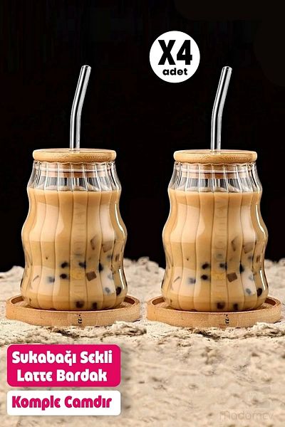 Madamev 4-Piece Bamboo Lid Gourd Latte Scandinavian Glass Straw Cup Coffee Cocktail Presentation Cup 400ml