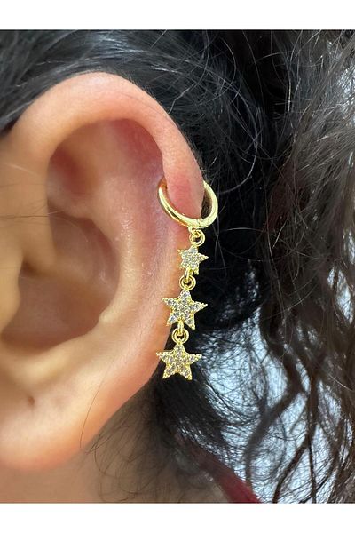 Arescollection Zircon Stone 3 Star Hanging Helix Broken Lobe Matching Halo Piercing Tail