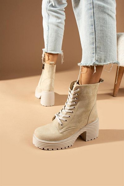 ShoeTek Anisa Γυναικείες Μπότες & Μποτάκια Lace Up Platform Σόλα Μπεζ Suede