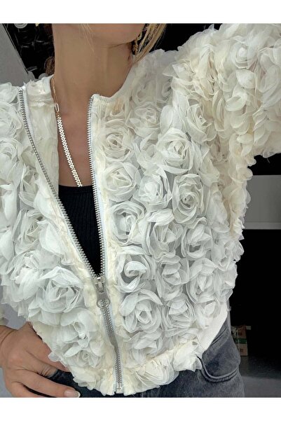 HARMONY GLOBAL Jachetă scurtă din țesătură din tul cu design trandafir 3D alb pentru femei 7016
