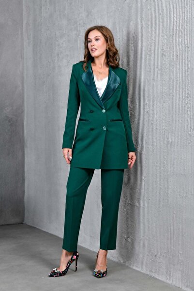 nodilife Saten Yaka Kruvaze Ceketli Kadın Takım Elbise Yeşil