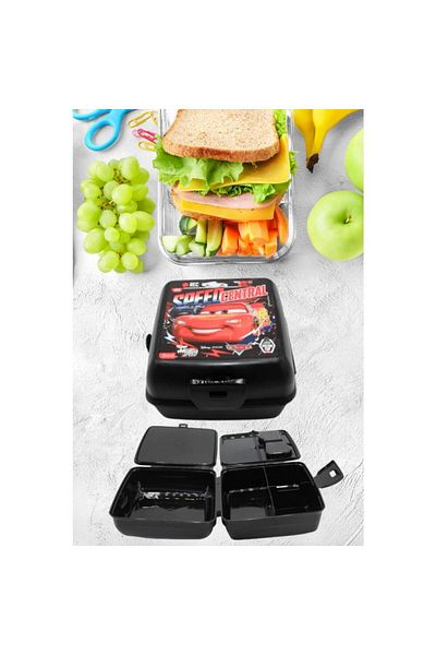 Piev Black 2 Compartment Cars Feeding Bowl with Fork and Spoon