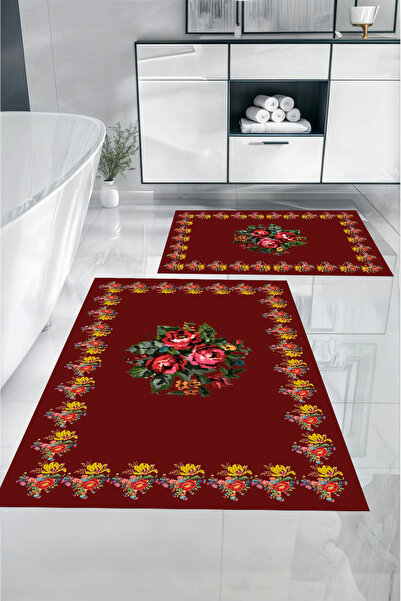 Napoli Home طقم سجادة حمام مطبوعة رقميًا وقابلة للغسل ومزخرفة بالزهور