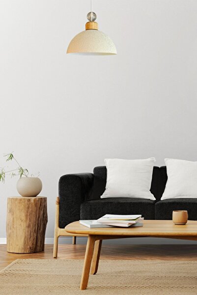 Bamyum Yimpi Dokulu Açık Krem Geniş Ahşap Kristal Boncuk Avize Tekli Sarkıt Salon Dekoratif Aydınlatma