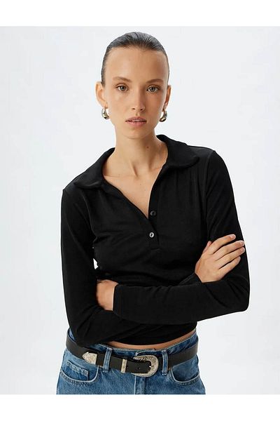 Koton Tricou de bază cu gât polo - mânecă lungă, cu nasturi, slim fit