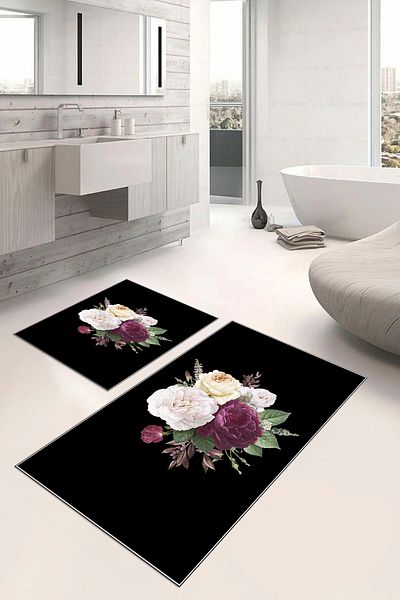 Napoli Home Set de scaune de toaletă cu covoraș de baie, lavabil, lavabil, imprimat digital, cu motiv floral, KLOZET-65-BLACK,