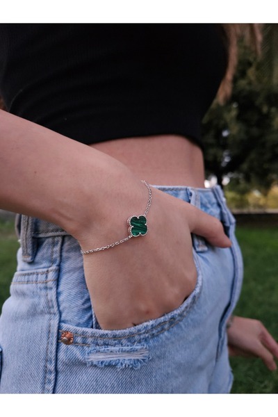 Özelstore Kadın 925 Ayar Gümüş Van Cleef Yonca Desenli Yeşil Bileklik