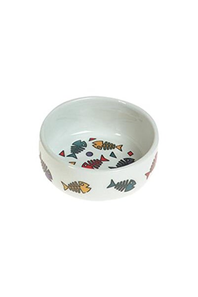 Flamingo Porselen Kılçık Desenli Kedi Yaş Ve Kuru Mama Kabı 13x4 Cm