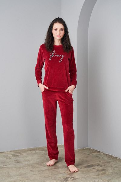 PJS 24579 Set de pijamale de damă din catifea burgundă