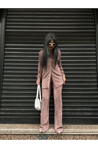moneta boutique Γυναικείο πουκάμισο με πλισέ και ελαστικό σετ παντελόνι με άνετη εφαρμογή