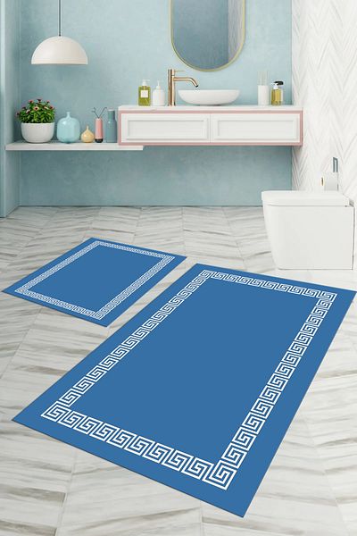 Napoli Home Set scaun de toaletă cu covoraș de baie, lavabil, anti-alunecare, imprimat digital, KLOZET-56-ALBASTRU,