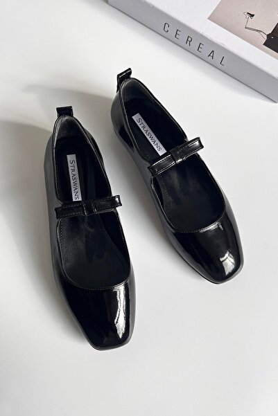 STRASWANS Foden Women's Ribbon Detail Patent Leather Ballerina Black