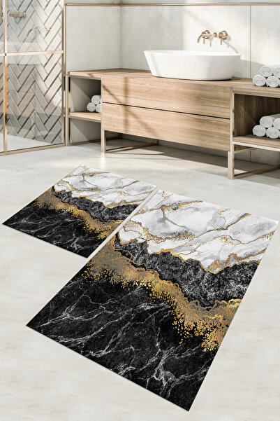 Napoli Home طقم سجادة حمام من الرخام مطبوعة رقميًا وقابلة للغسل ومضادة للانزلاق