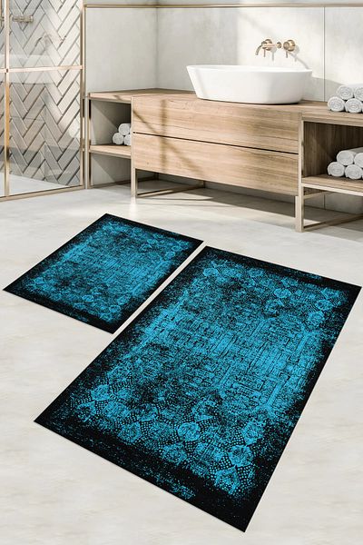 Napoli Home Set scaun de toaletă cu covoraș de baie model clasic, lavabil, imprimat digital, antiderapant, KLOZET-94-TURKUAZ,