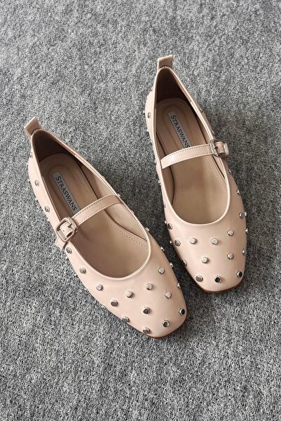 STRASWANS Azure Women's Drop Detail Leather Ballerinas Beige