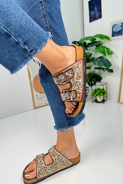 İmerShoes Καθημερινές γυναικείες μαύρες παντόφλες με διπλή πόρπη με βότσαλο πέτρα οβάλ σόλα από φελλό Χαμηλό τακούνι 1792