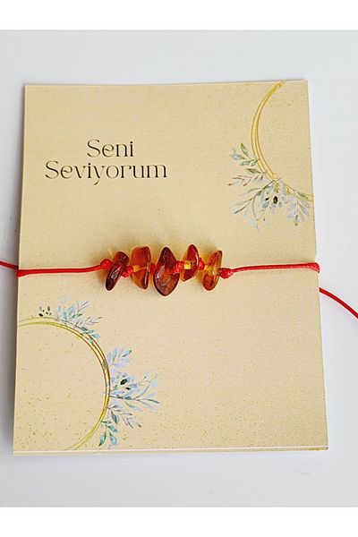 Kehribar Sarayı I Love You Amber Bracelet with Elevator Red String