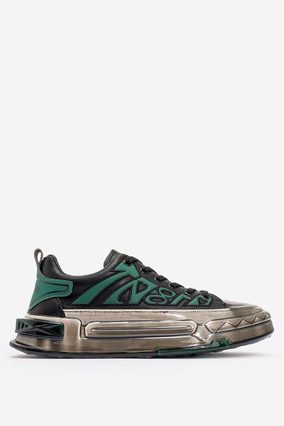 MARCOMEN Ανδρικό Sneaker - Χοντρή σόλα, κορδόνια, γνήσιο δέρμα, MC 20036, ΜΑΥΡΟ/ΠΡΑΣΙΝΟ