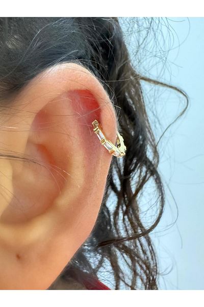 Arescollection 1 Piece Baguette Zircon Stone Helix Tickle Lobe Compatible Ring Piercing Earring