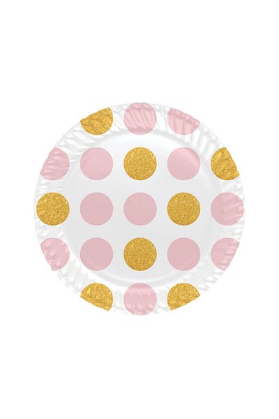 Roll-Up Cardboard Plate 8 Pieces 23cm Pink Gold Polka Dot