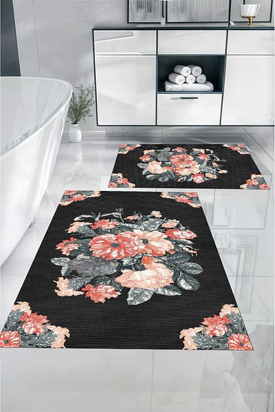 Napoli Home Set de scaun de toaletă pentru baie, lavabil, lavabil, imprimat digital, cu detalii florale, KLOZET-99-GRI,