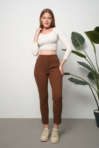 Moda Days Women's Brown High Waist Comfortable Cut Collar Detailed Carrot Trousers