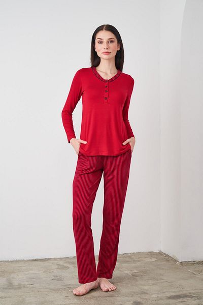 PJS 24522 Claret Red Cotton Long Sleeve Women's Pajama Set