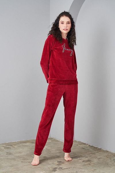 PJS 24579 Set de pijamale de damă din catifea burgundă