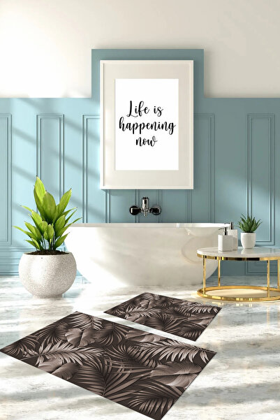 Napoli Home Set de toaletă pentru covoraș de baie, lavabil, imprimat digital, cu model de frunze moderne