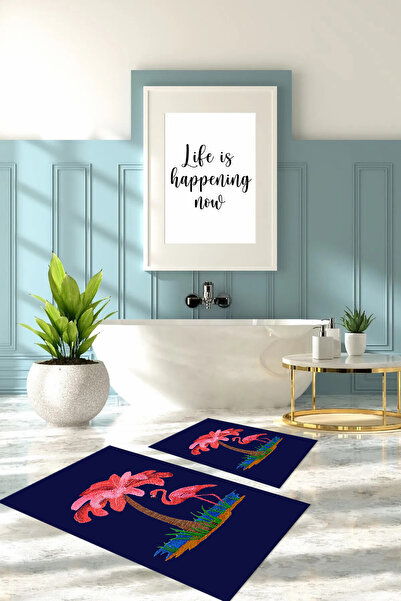 Napoli Home Σετ τουαλέτας με ψάθα μπάνιου με ψηφιακή εκτύπωση, που πλένεται, με απλό σχέδιο φλαμίνγκο