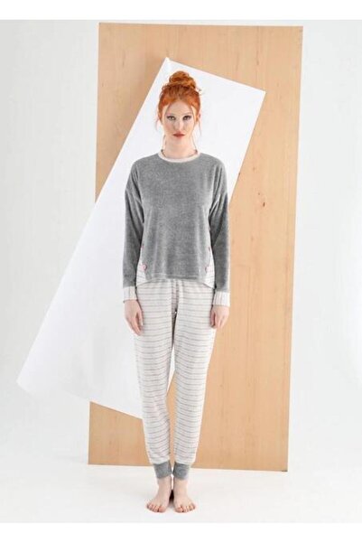 Miss Free Sevim 13070 Siva Pamuk Deo Somot Ženska Pidžama Set