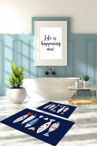 Napoli Home Digital Printed Washable Colorful Fish Patterned Bath Mat Toilet Set