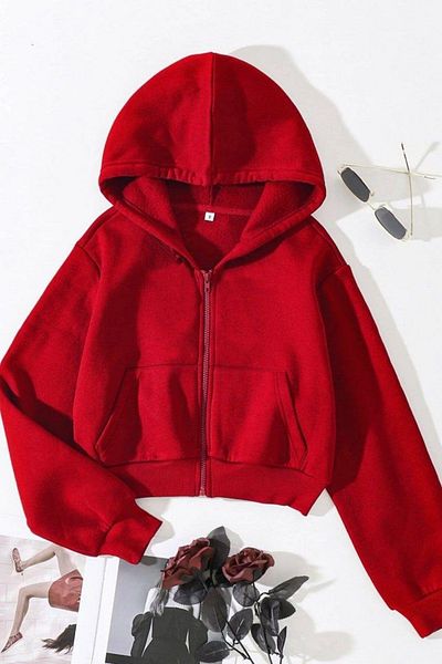 Gofeel Harajuku Red Hooded Zipper Crop-Top Seasonal