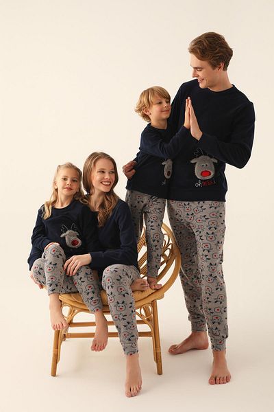 Arnetta Oh Deer Navy Blue Girl's Long Sleeve Pajama Set
