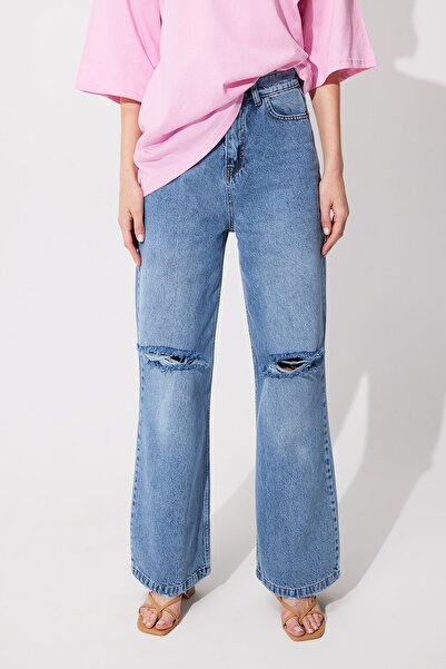 SHERIN Blugi albastri cu talie înaltă genunchi rupti cu picioare largi