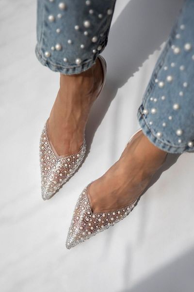 STRASWANS Jessica Women - Pantofi albi cu toc transparent cu detaliu de piatră
