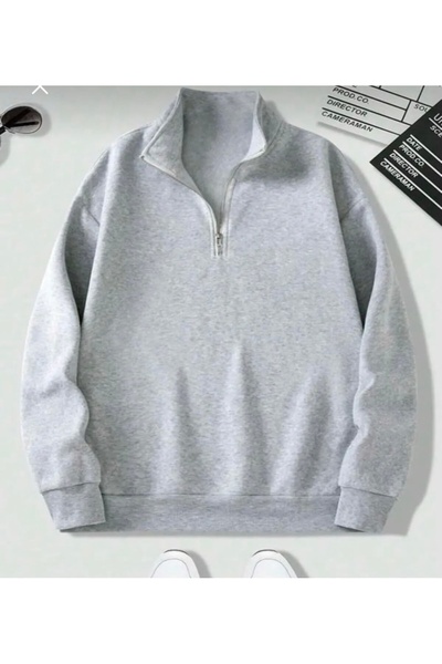 DEZZİİ Hanorac pulover solid cu fermoar, 3 piese, gri, bleumarin, roșu