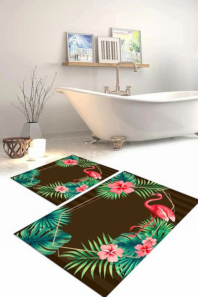 Napoli Home Digital Printed Washable Colorful Flamingo Patterned Bath Mat Toilet Set, Toilet-67-Brown,
