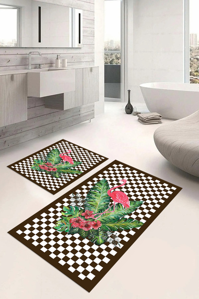 Napoli Home Digital Printed Washable Non-Slip Flamingo Patterned Bath Mat Toilet Set, Toilet-62-Brown,