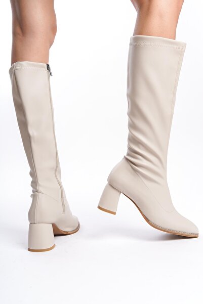 Bak Store Beige Stretch Blunt Toe Heeled Women's Boots