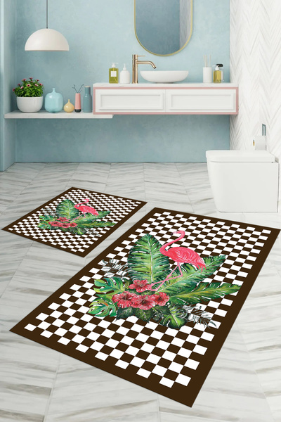 Napoli Home Digital Printed Washable Non-Slip Flamingo Patterned Bath Mat Toilet Set, Toilet-62-Brown,