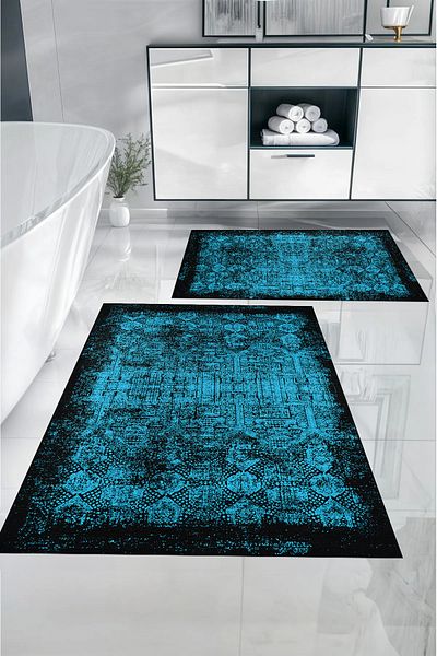 Napoli Home Set scaun de toaletă cu covoraș de baie model clasic, lavabil, imprimat digital, antiderapant, KLOZET-94-TURKUAZ,