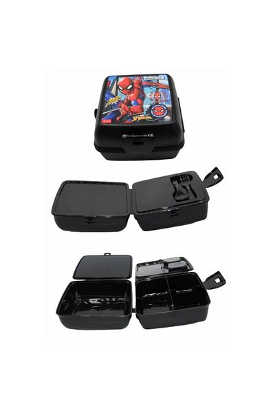 Piev Black Lunch Box with Spiderman Pattern - 2 Compartments, Lock and Fork Spoon