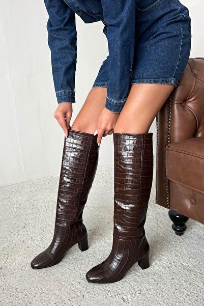 STRASWANS Moscow Kadın Topuklu Kroko Çizme Kahve